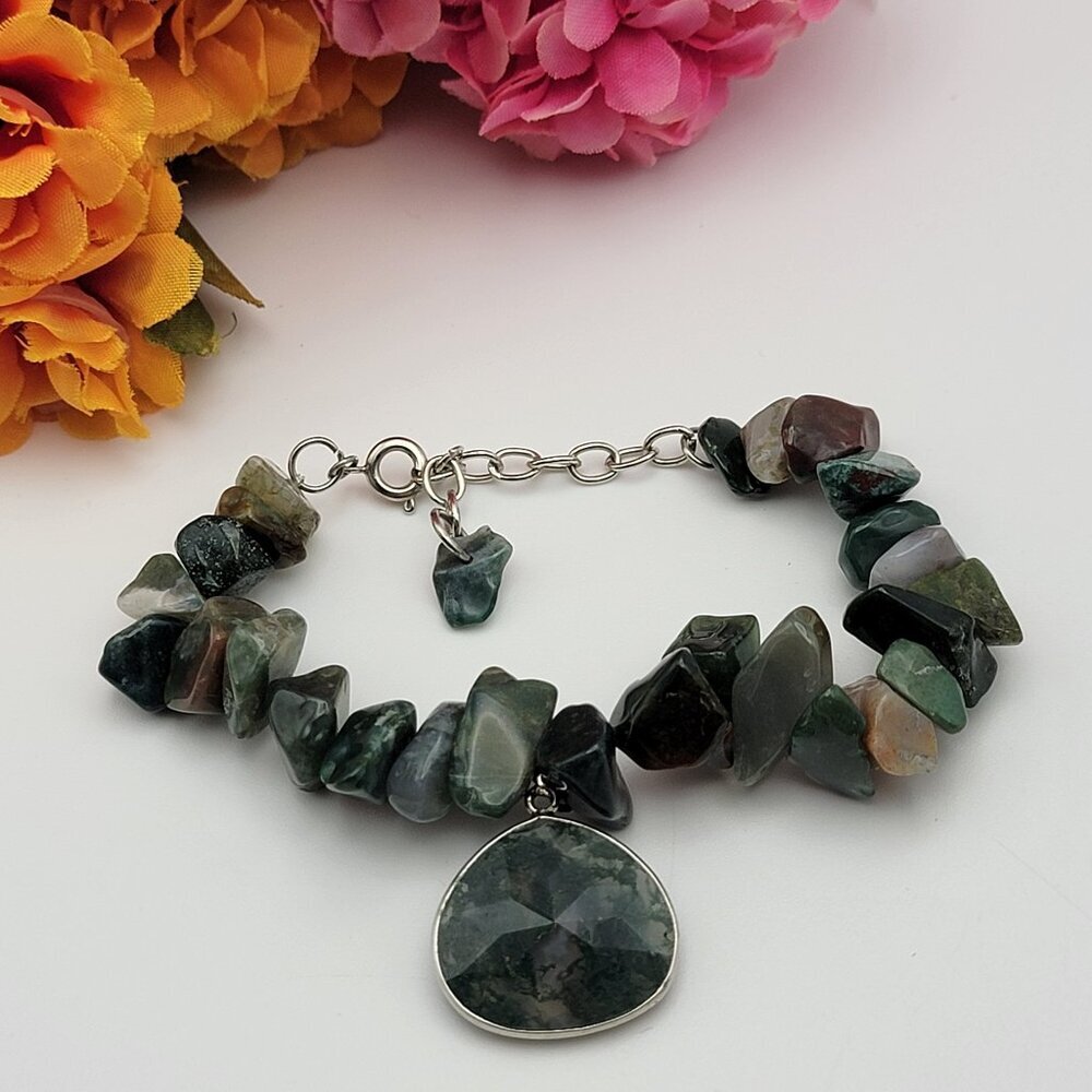 Vtg. Moss Agate Charm Gemstone Cihp Beaded Bracelet 9" Adjustable Silver Tone